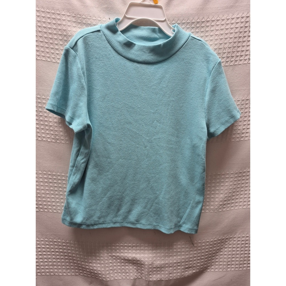 SO Girls Shirt Size Large Teal Green Ribbed Mock Neck Short Sleeve Stretch 8118